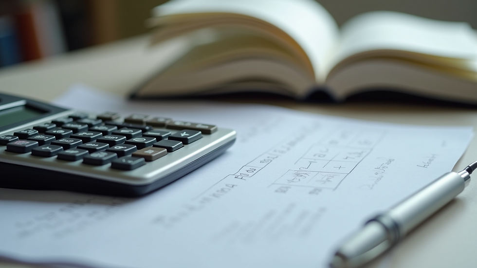 Close-up view of a desk with accounting books and a calculator