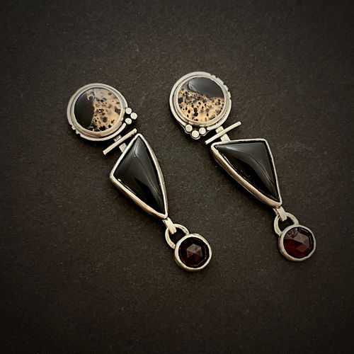 Thumbnail: Reserved for JM -Montana Agate, Onyx and Garnet Earrings
