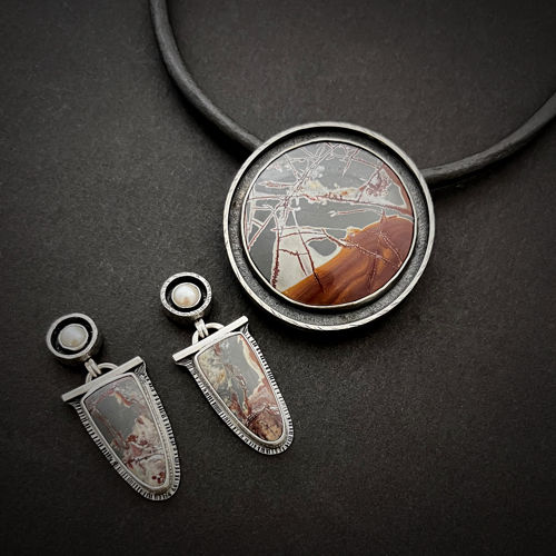 Thumbnail: Rhyolite and Pearl Shadowbox Earrings