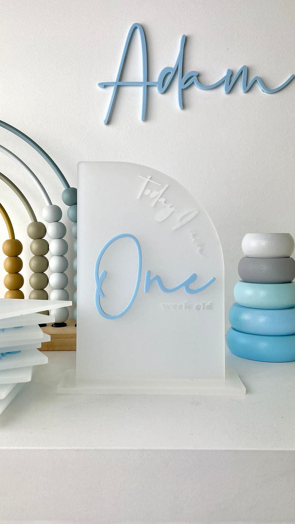 Milestone Celebration Gift Cards, "Today I Am One Week Old"; Frosted White, Baby Blue