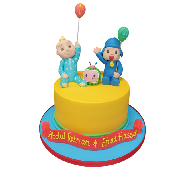 Colorful children's birthday cake featuring Coco Melon and Pocoyo characters, perfect for a fun and lively celebration.