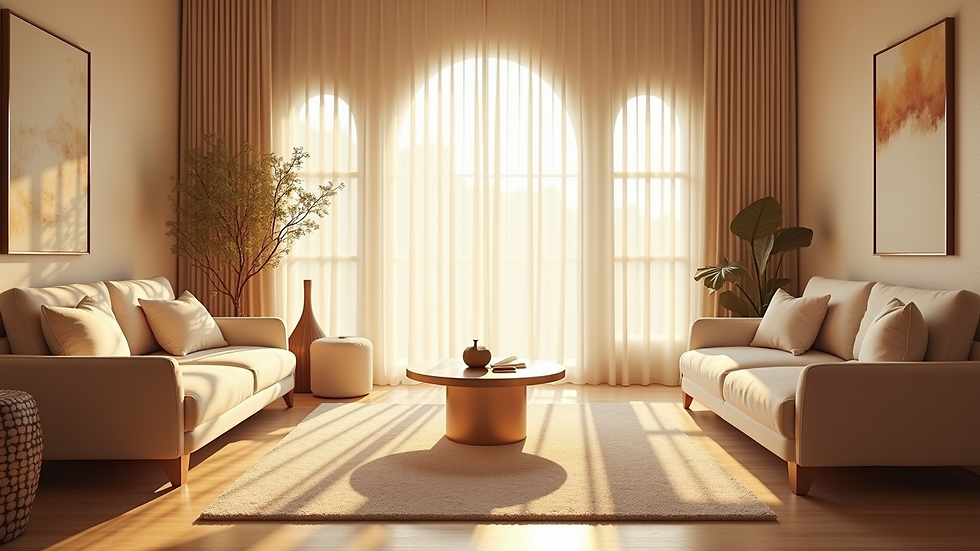 Eye-level view of a serene healing room with soft lighting and comfortable seating
