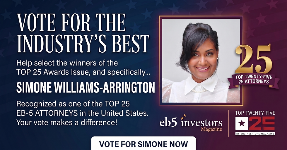 Proud Moment for Williams Global Law Simone Williams-Arrington Nominated as a Top 25 EB-5 Attorney in the U.S.