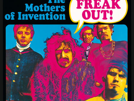 The Mothers of Invention: FREAK OUT! album cover with title in comic book style speech bubble and pop art style photo of band