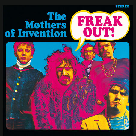 The Mothers of Invention: FREAK OUT! album cover with title in comic book style speech bubble and pop art style photo of band