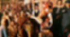 Photo of Bob Dylan and The Band in basement with costumed figures