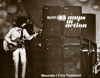 Mountain bassist Felix Pappalardi playing in front of Sunn amp stack