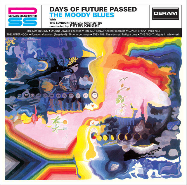 Days of Future Passed album art, with painted face in rainbow colors and images of night and day