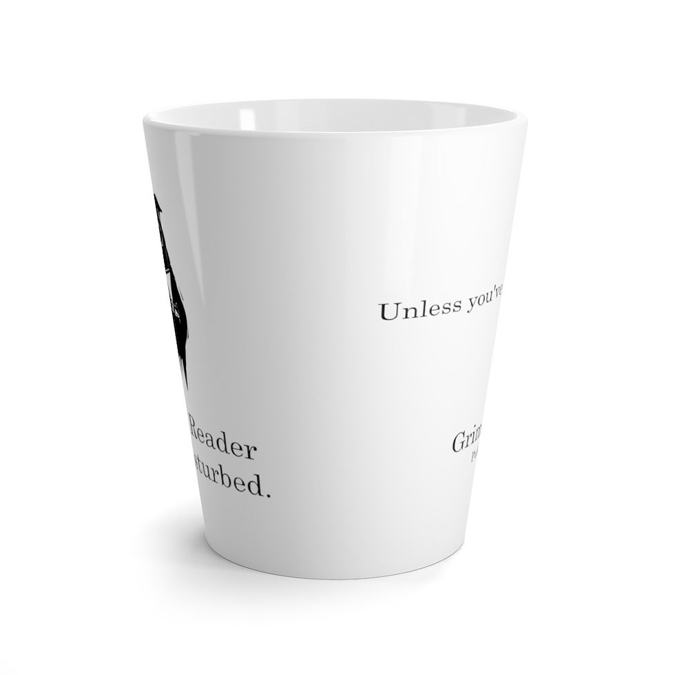 Thumbnail: Grim Reader Latte mug with quote- won't be disturbed US