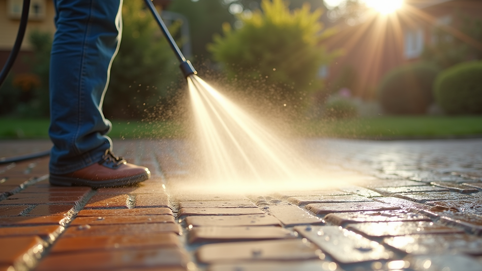 Close-up view of pressure washer cleaning a brick patio