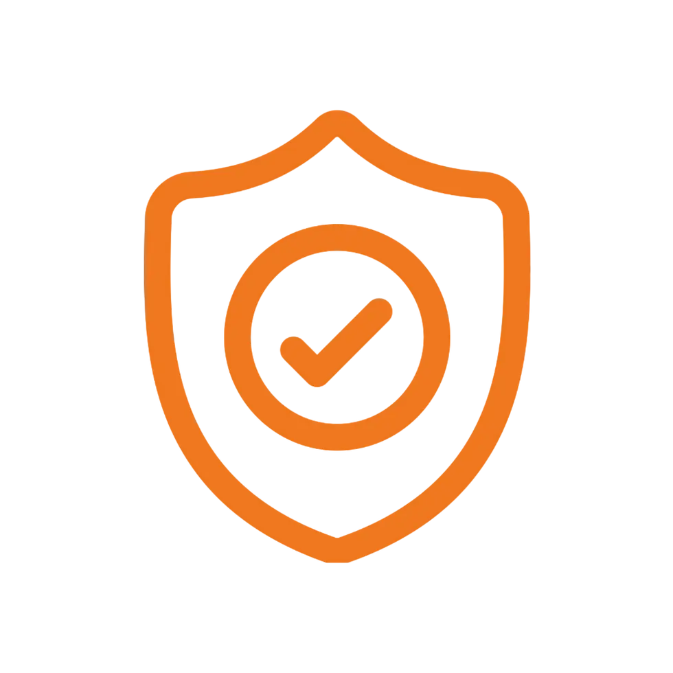 Digital icon of a shield with a checkmark in the center. Minimalist orange design on a black background.