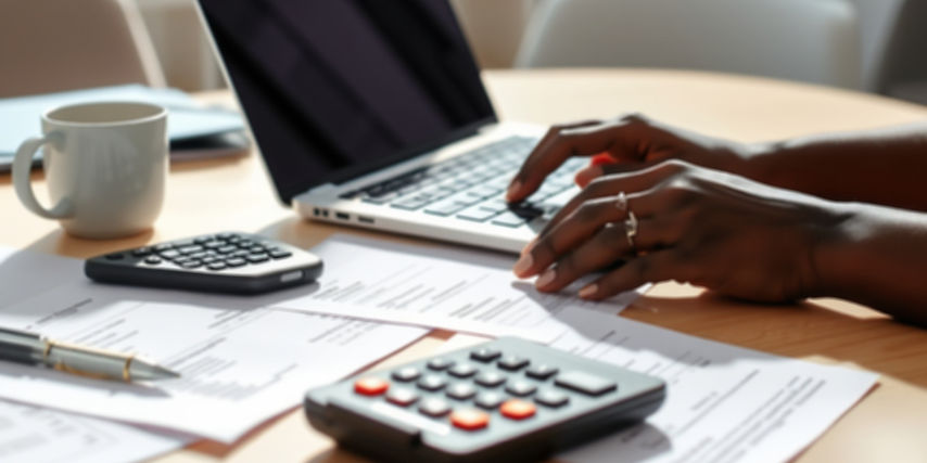 A dark-skinned woman’s hands typing on a laptop in a bright, modern office. Tax documents,