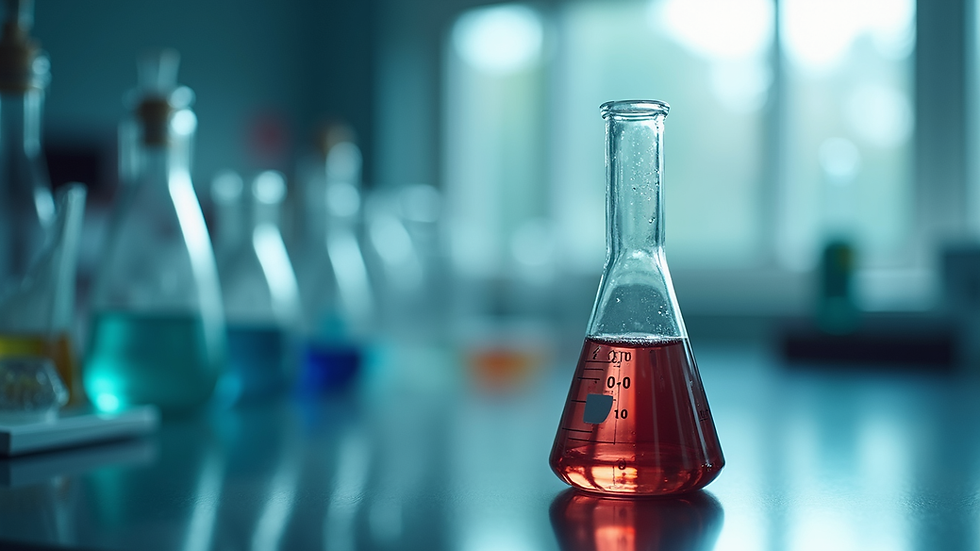 Close-up van een laboratoriumglas met vloeistof en chemische symbolen op de achtergrond