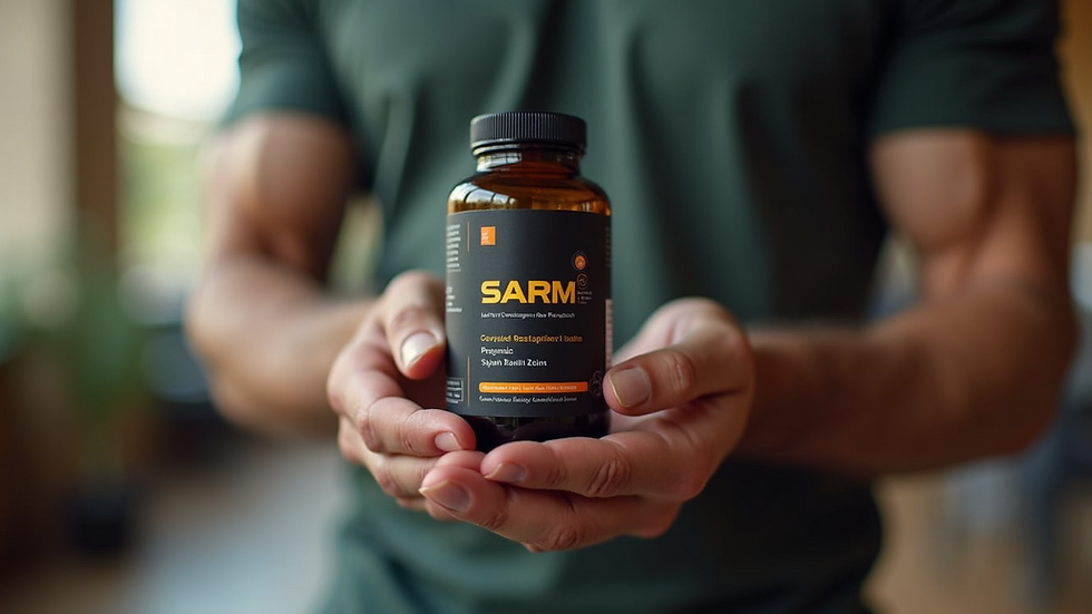 Close-up view of a person holding a SARM supplement bottle
