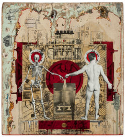 Completion of. Hand Cut Collage on Found Wood.