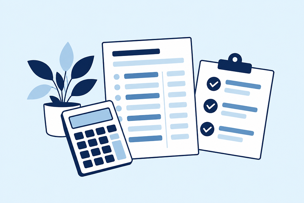 Navy and blue illustration of account reconciliation records and bookkeeping tools