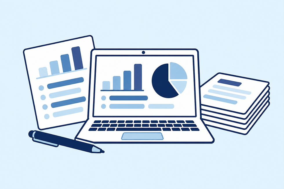 Navy and blue illustration of financial reporting records and bookkeeping tools