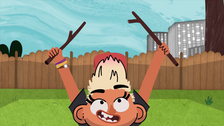 a cartoon character waving twigs like drums sticks