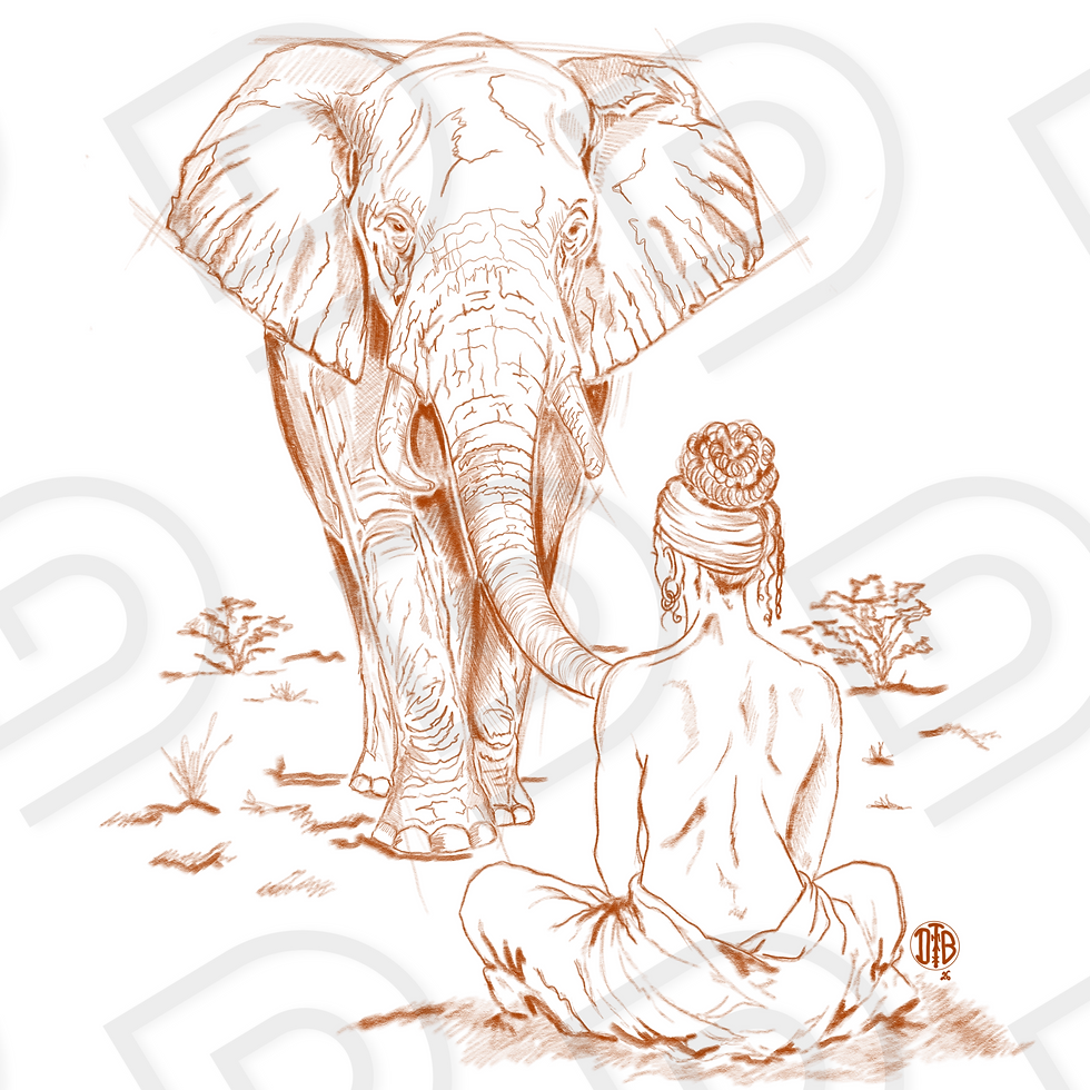 Croquis représentant le regard d'un éléphant face à une femme dénudée