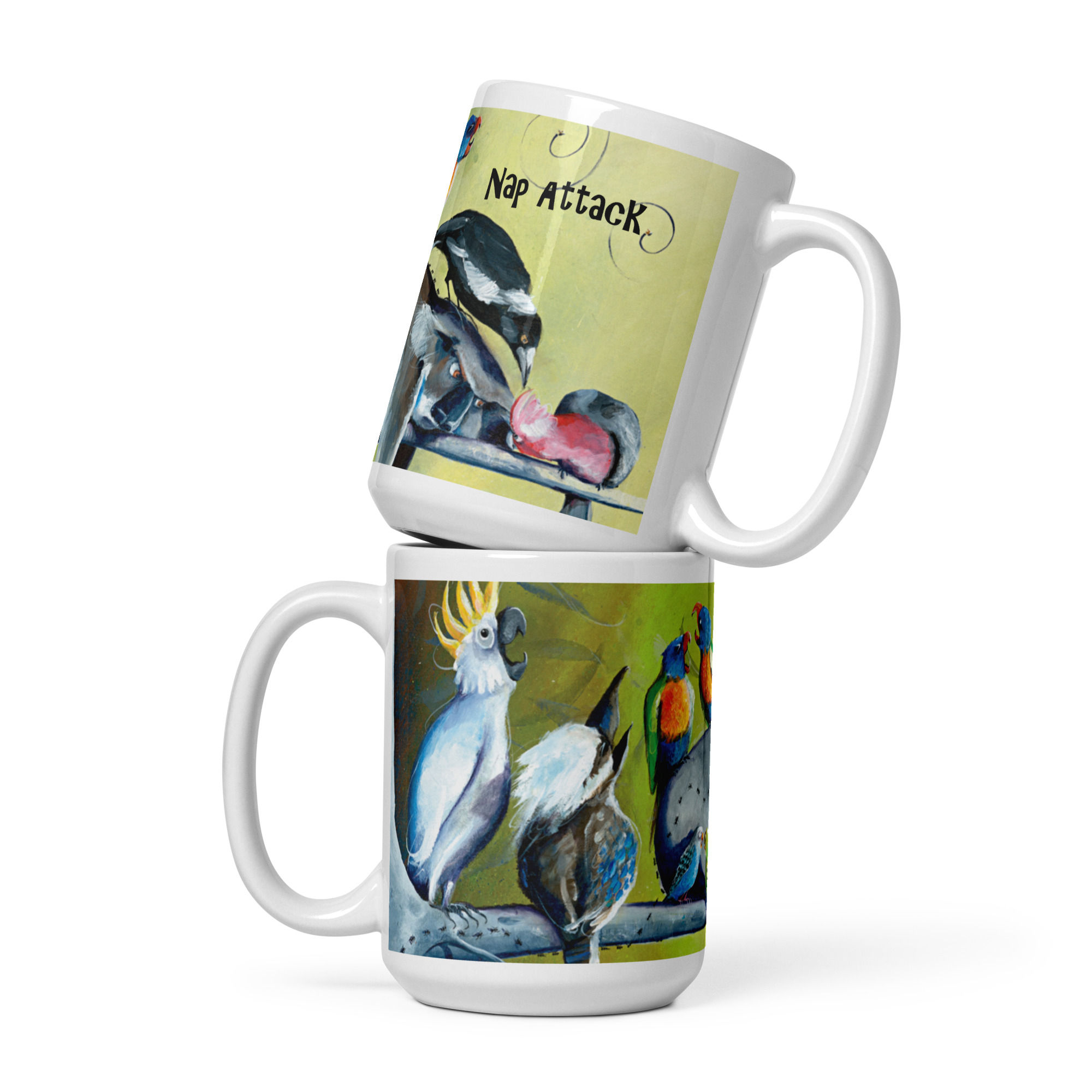 Coffee mug featuring Australian artwork Nap Attack with koala, galah, cockatoo, kookaburra, magpie, lorikeets and budgies