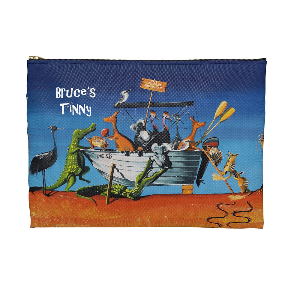Thumbnail: Blue and red pouch with zip and artwork of an aluminium boat in the desert filling with many australian animals