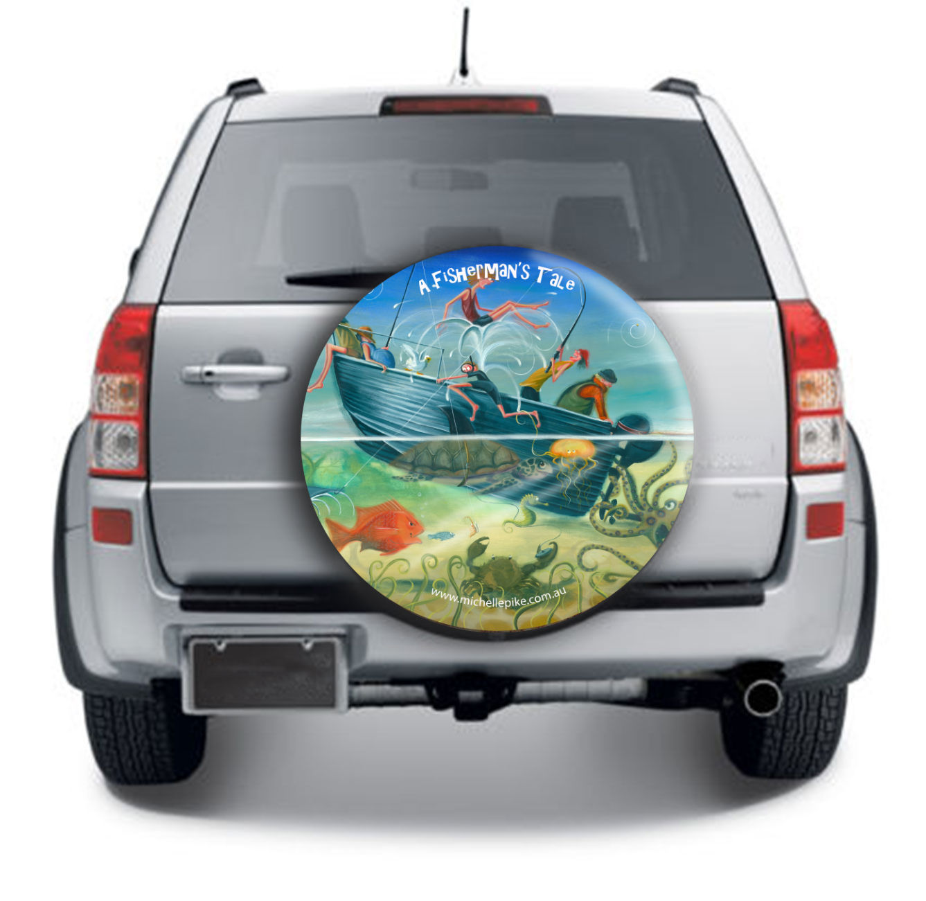 Car Wheel Cover featuring Australian artwork 'A Fisherman's Tale' by Michelle Pike with a capsizing boat full of people