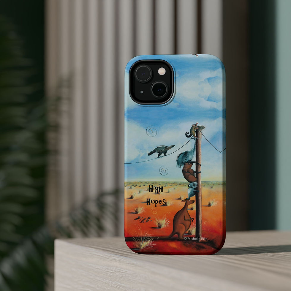 Thumbnail: High Hopes phone case with australian animals climbing up a telegraph pole in the desert