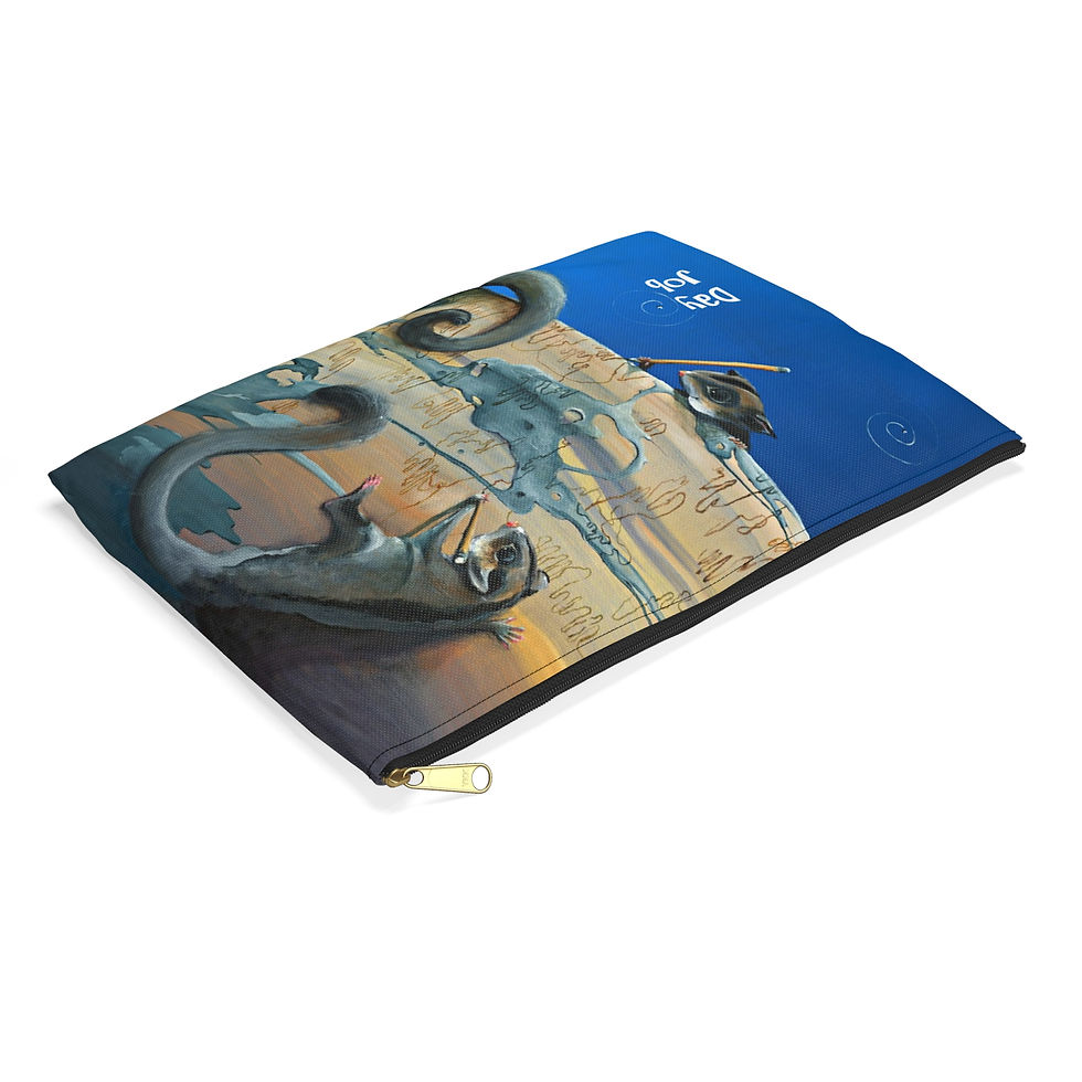 Thumbnail: Blue pouch with zip and artwork of three sugar gliders with pencils scribbling on a tree