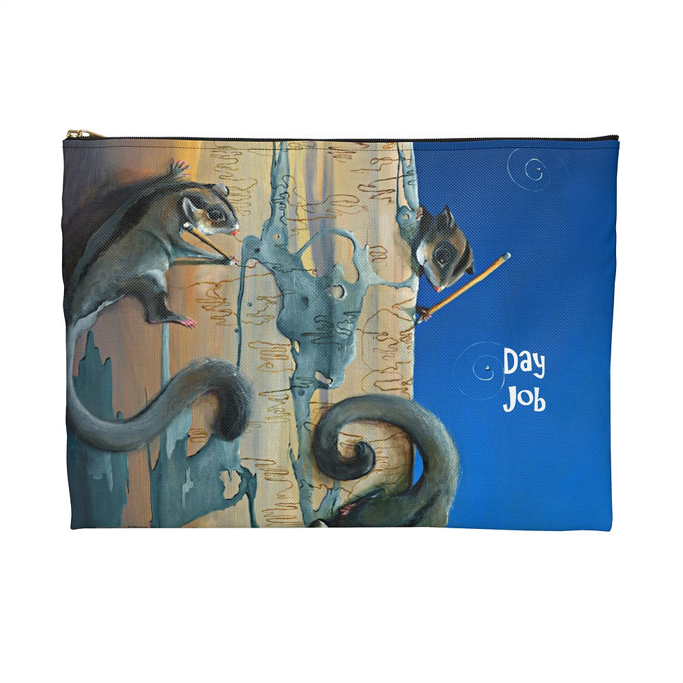 Thumbnail: Blue pouch with zip and artwork of three sugar gliders with pencils scribbling on a tree