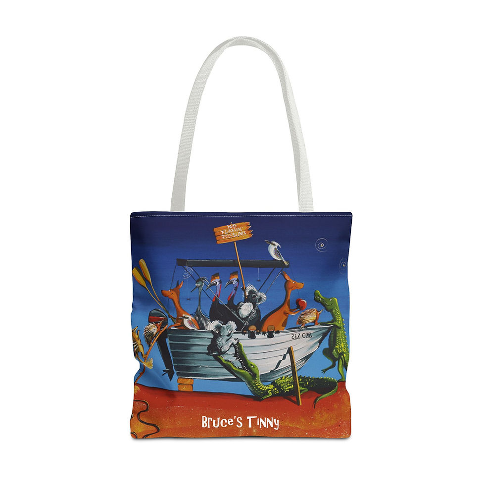 Thumbnail: tote bag with artwork of pairs of australian animals climbing into an aluminium boat in the desert
