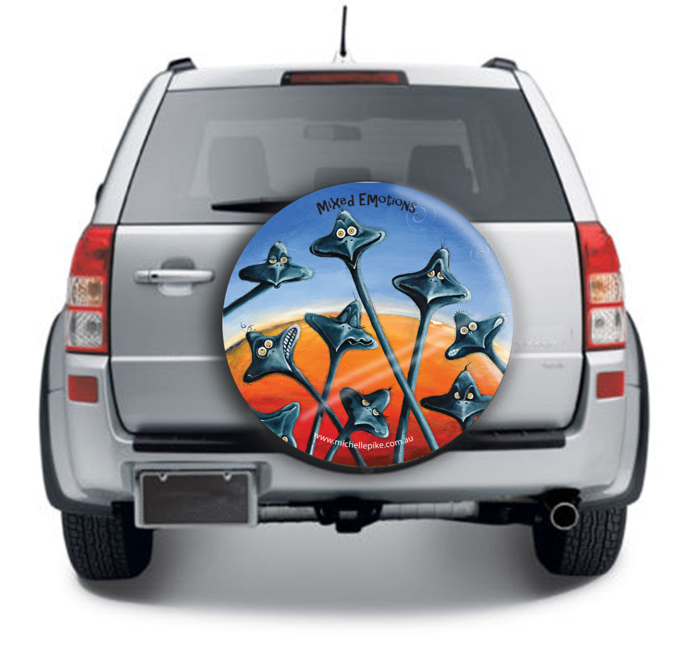 Mixed Emotions wheel cover with a mixture of emus with various facial expressions in the desert