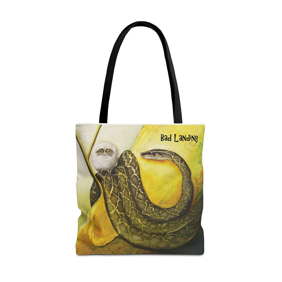 Tote bag with artwork of a small fluffy bird sitting on a tree branch next to a coiled python snake