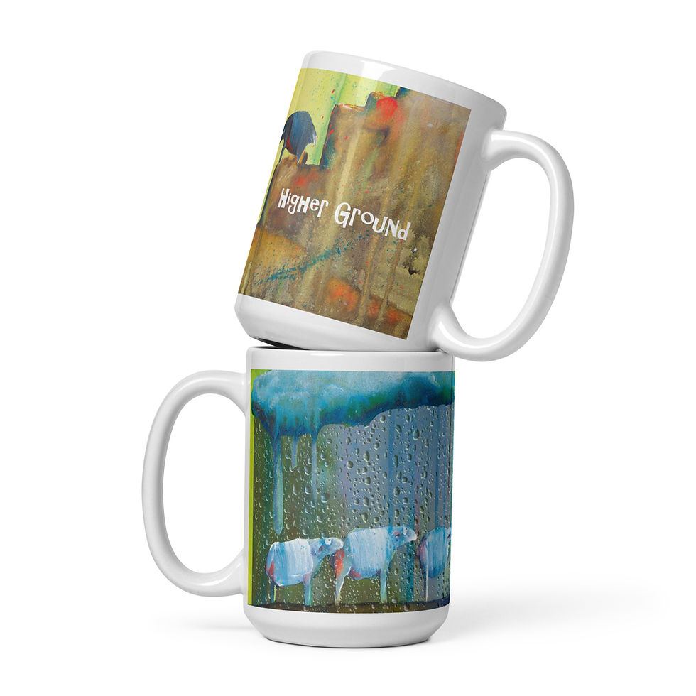 Coffee mugs featuring Australian artwork Higher Ground with white sheep and a black sheep and a rain cloud with a hill