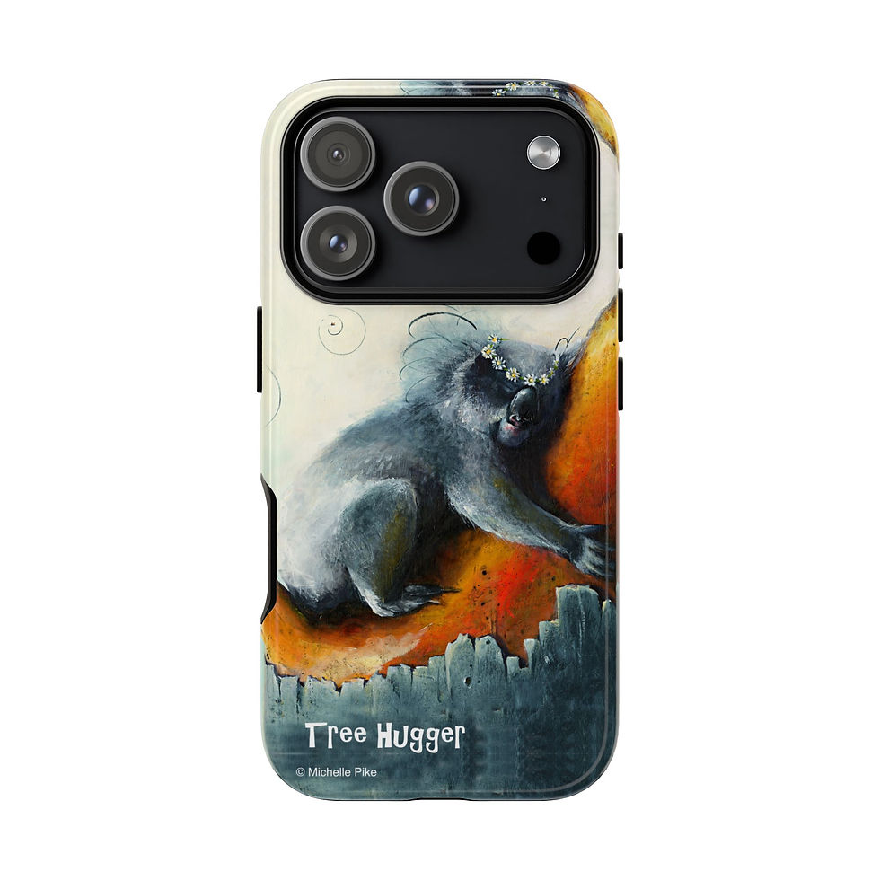Thumbnail: Mobile phone case with tree hugger words and artwork of a koala hugging a tree and wearing a daisy chain