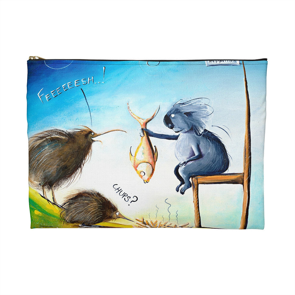 Thumbnail: Blue and green pouch with zip and artwork of two kiwi birds with a koala and a fish
