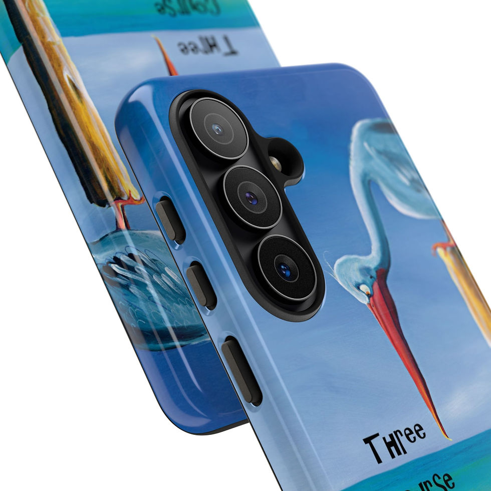Thumbnail: three course meal samsung phone case with a pelican looking down at three turtles on the beach