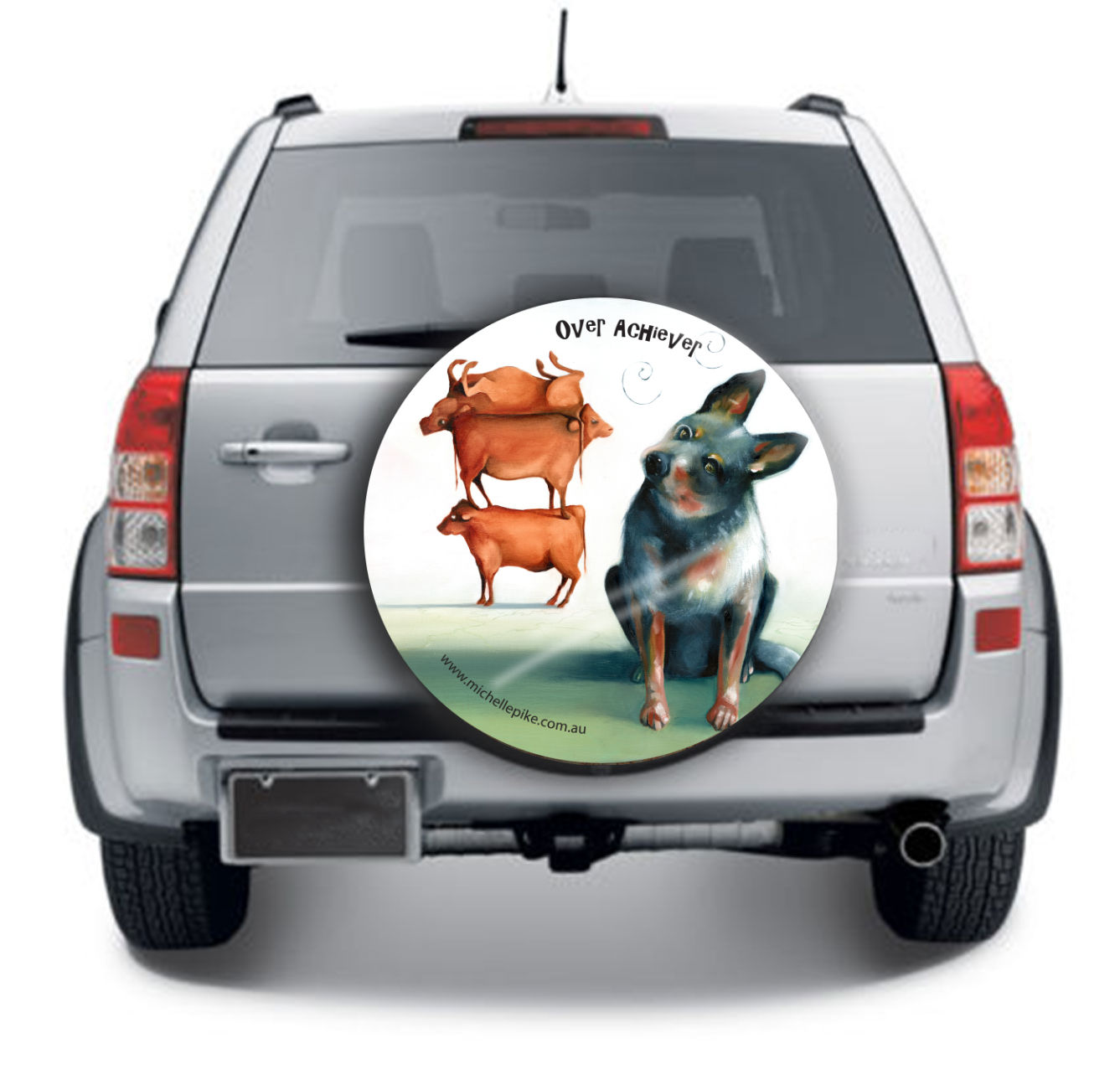 Car Wheel Cover featuring Australian artwork 'Over Achiever' by Michelle Pike with a blue heeler dog and three red cows