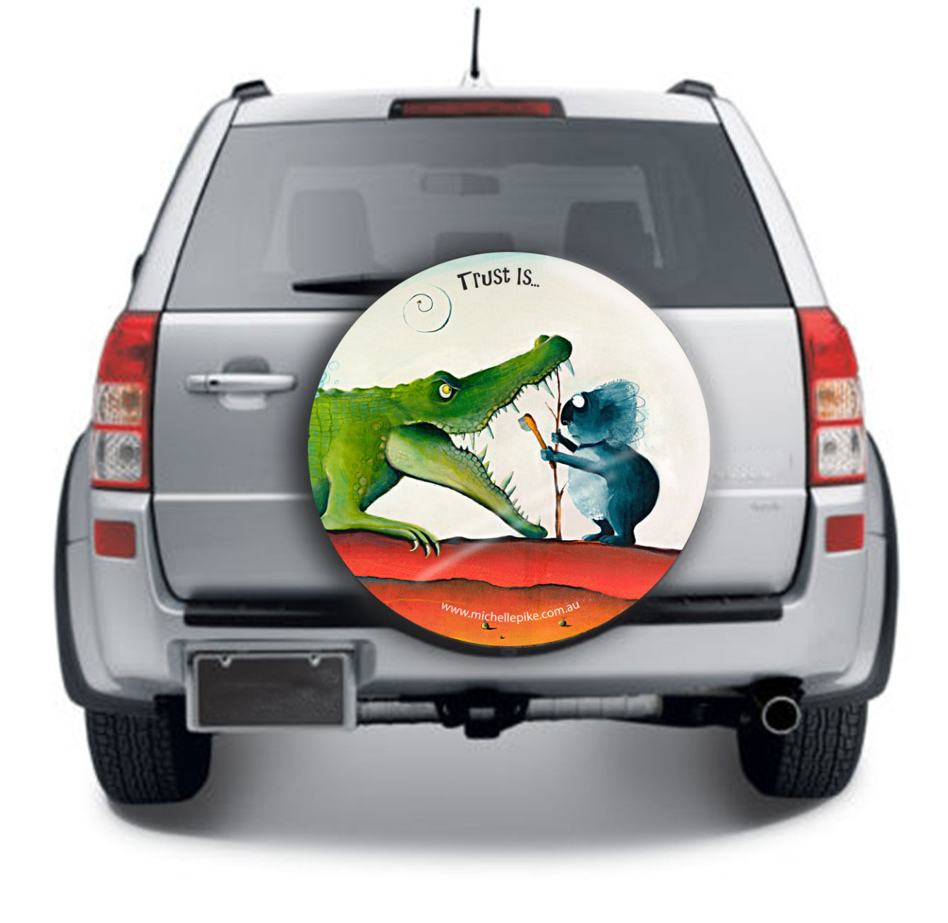 Car Wheel Cover featuring Australian artwork 'Trust Is' by Michelle Pike with a crocodile and a koala
