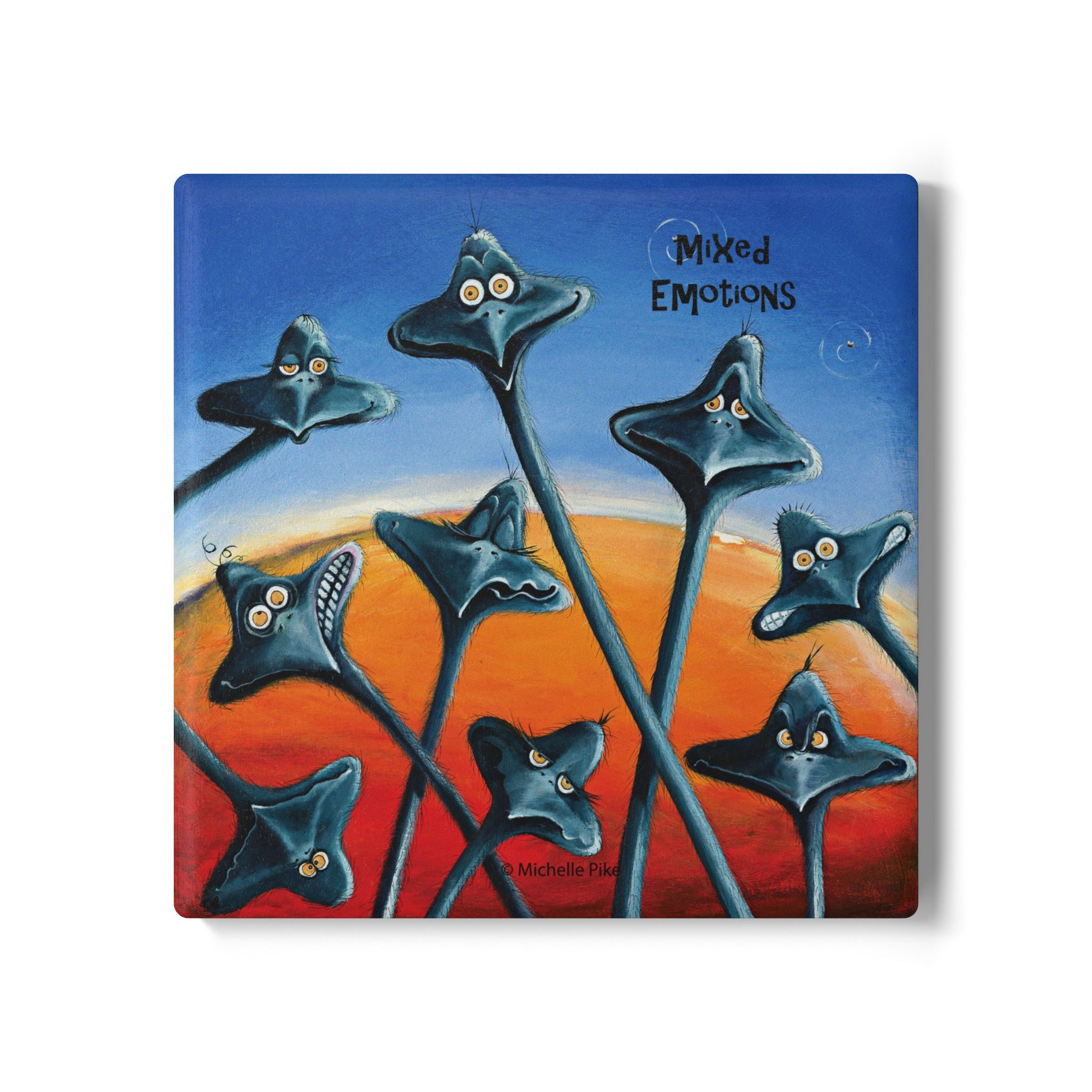 square ceramic coaster with artwork of lots of funny emus in the desert
