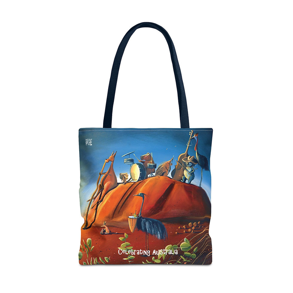 Thumbnail: tote bag with artwork of a group of australian animals playing musical instruments on top of Uluru