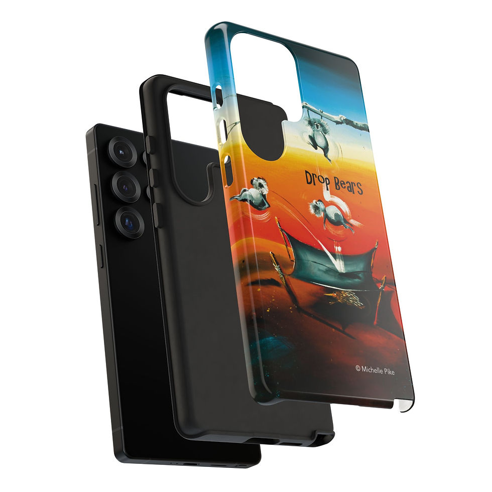 drop bears samsung phone case with koalas jumping out of a tree and on to a trampoline in the desert