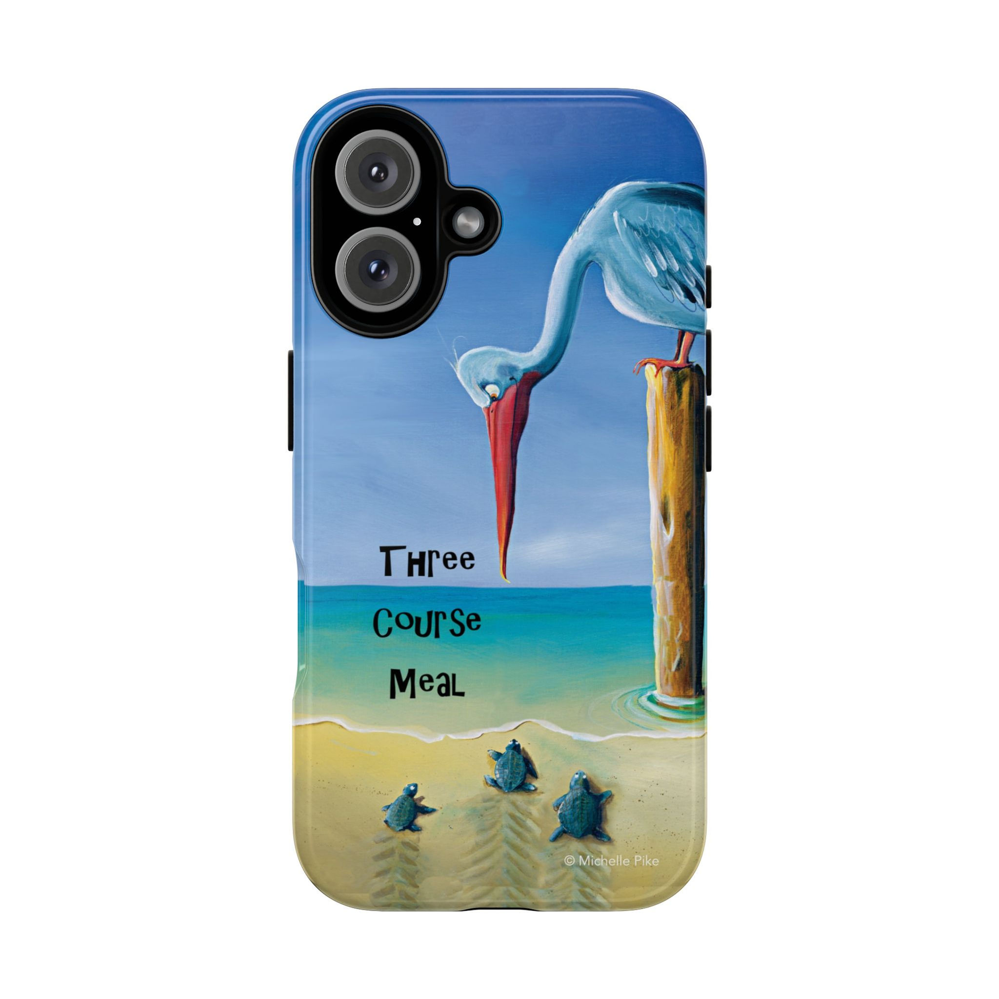 Three Course Meal iPhone protective case with pelican looking down on three turtles at the beach