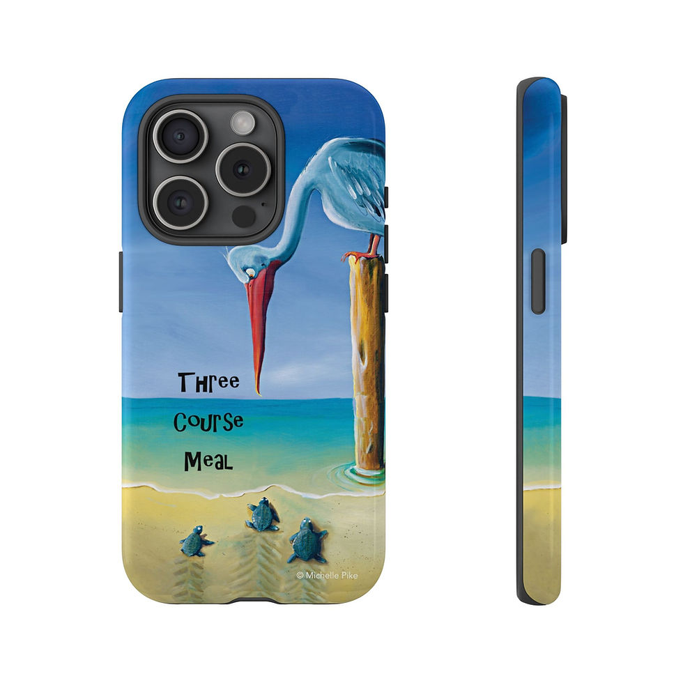 Thumbnail: Three Course Meal iPhone protective case with pelican looking down on three turtles at the beach