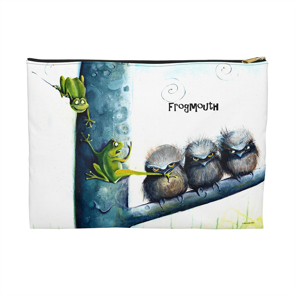 White and grey pouch with zip and artwork of three tawny frogmouth birds sitting on a branch with two green tree frogs