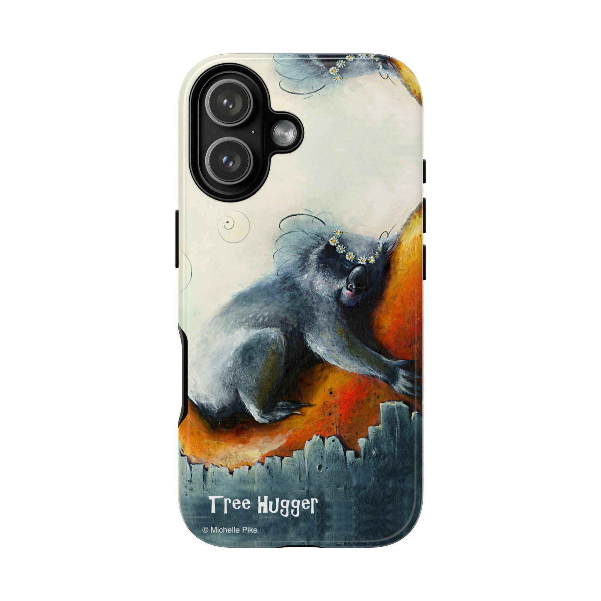 Mobile phone case with tree hugger words and artwork of a koala hugging a tree and wearing a daisy chain