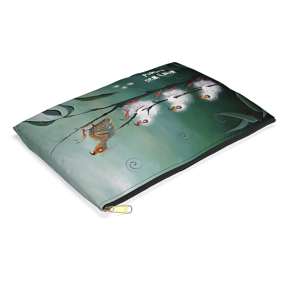 Thumbnail: Green pouch with zip and artwork of three fluffy angry birds pushing a bald bird off a branch with a stick