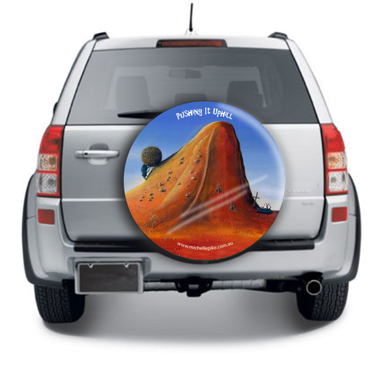 Car Wheel Cover featuring Australian artwork 'Pushing It Uphill' by Michelle Pike with a dung beetle pushing a ball of poo up