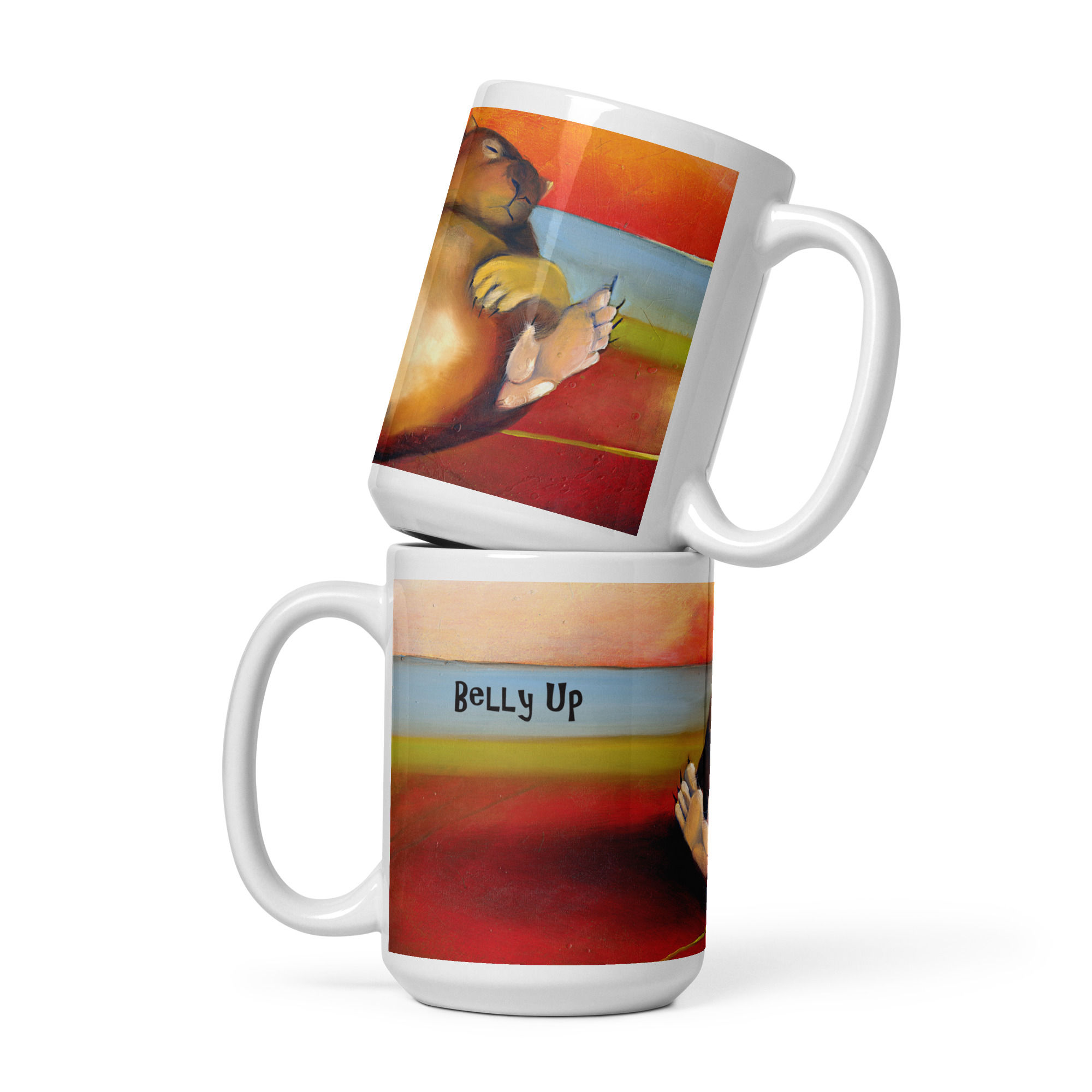 Coffee mugs featuring Australian artwork Belly Up with a fat wombat on his back on red desert ground