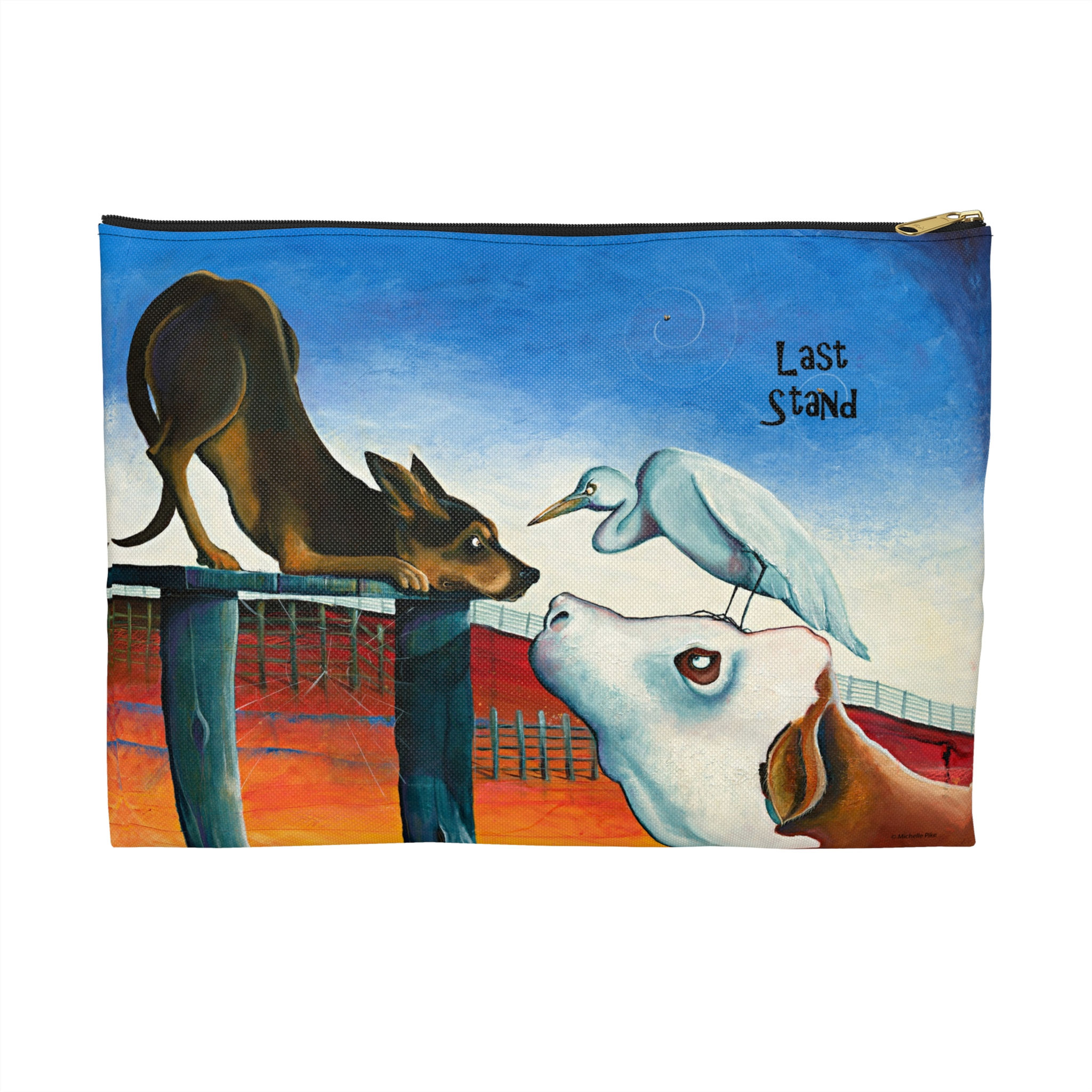 Blue and orange pouch with zip and artwork of a black and brown kelpie dog looking at a hereford cow with an egret