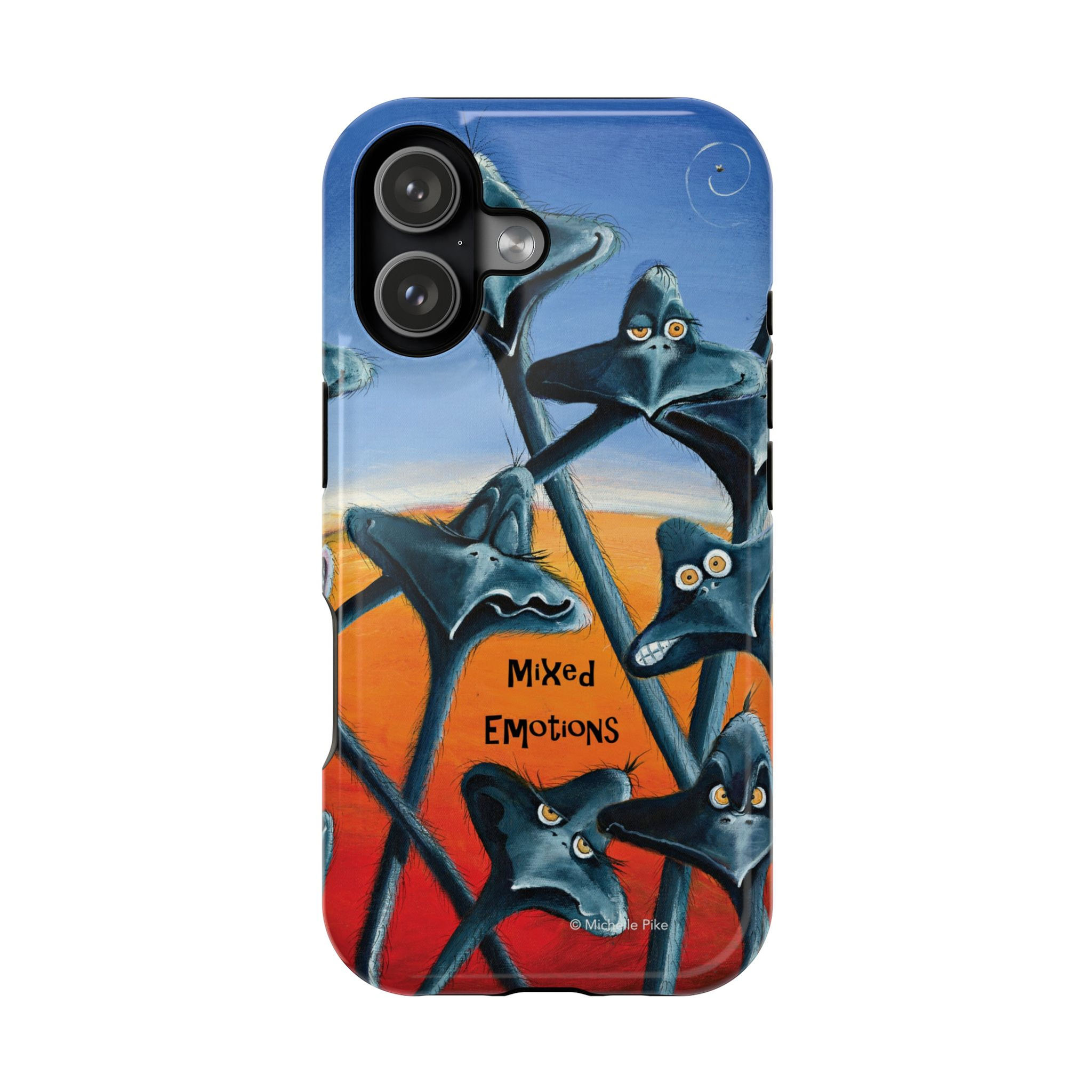 mixed emotions phone case with different emu heads and various facial expressions